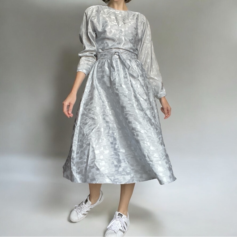 Vintage 80s Leslie Fay Jacquard Metallic Midi Dress Small - Picture 4 of 16